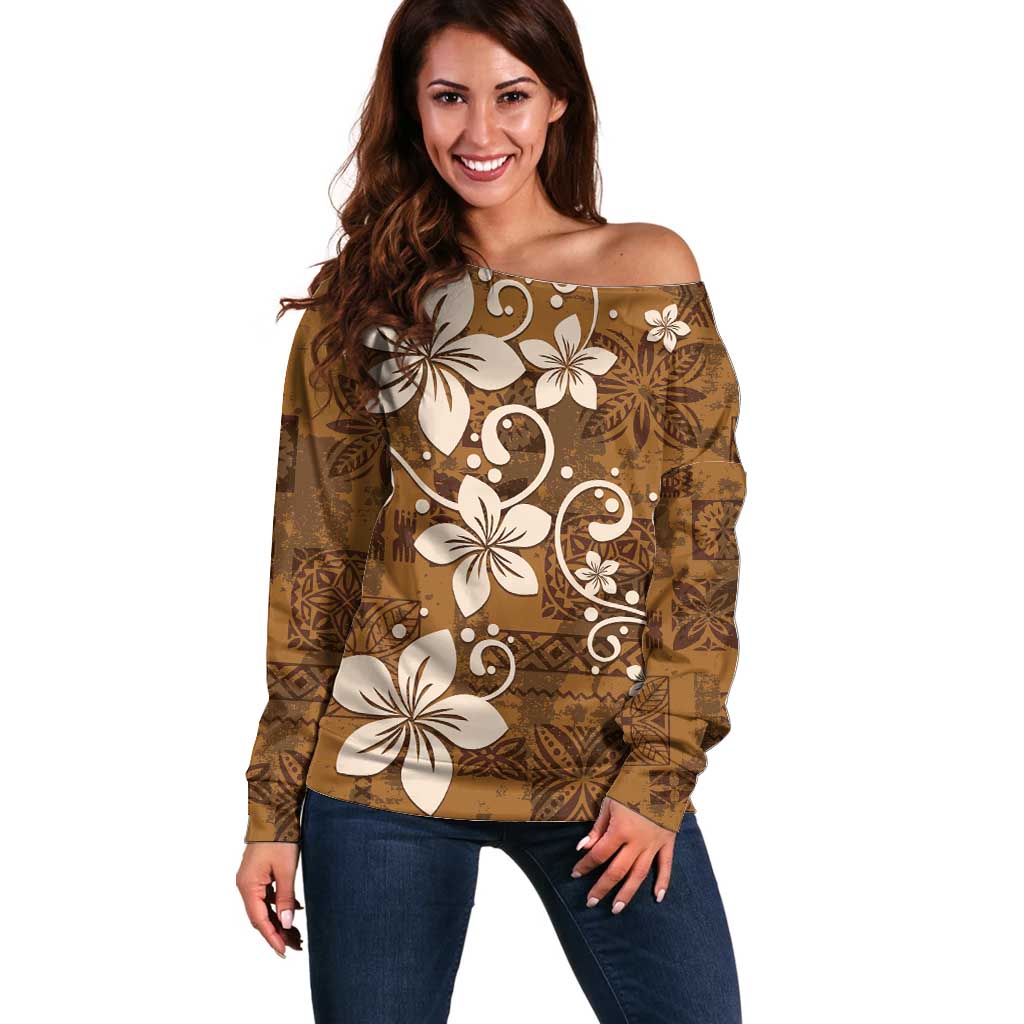 Plumeria Floral Tapa Pattern Vintage Gold Off Shoulder Sweater LT01 Women Gold - Polynesian Pride