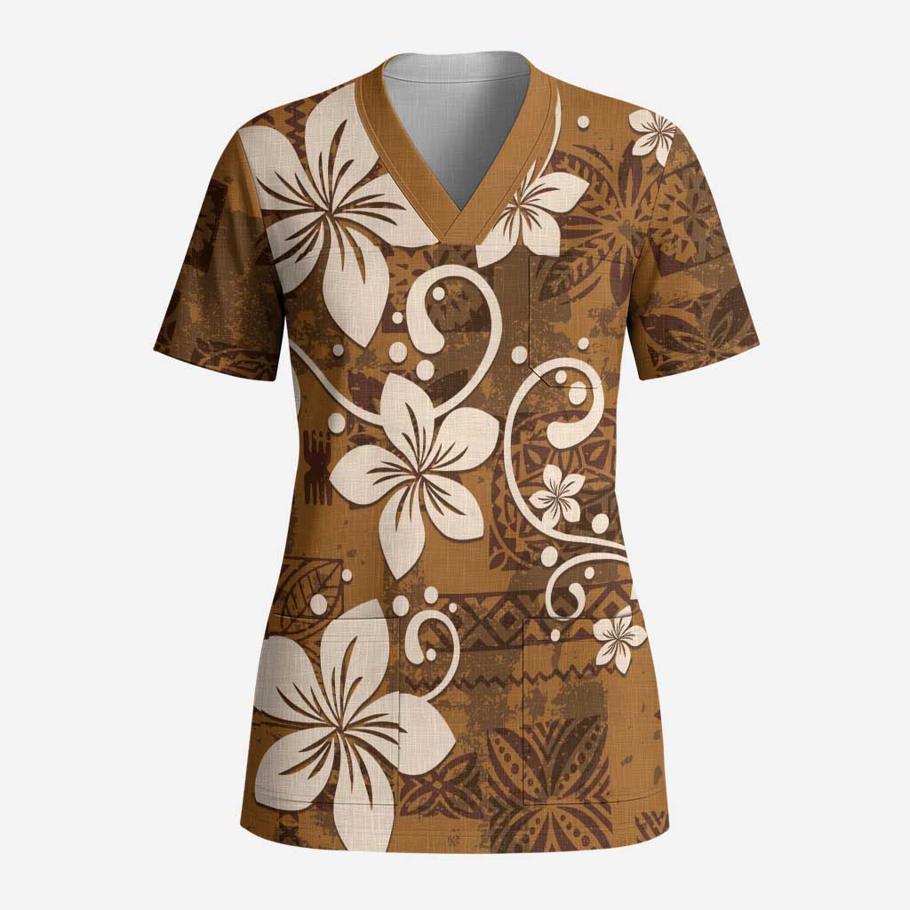 Plumeria Floral Tapa Pattern Vintage Gold Scrub Top LT01 Adult Gold - Polynesian Pride