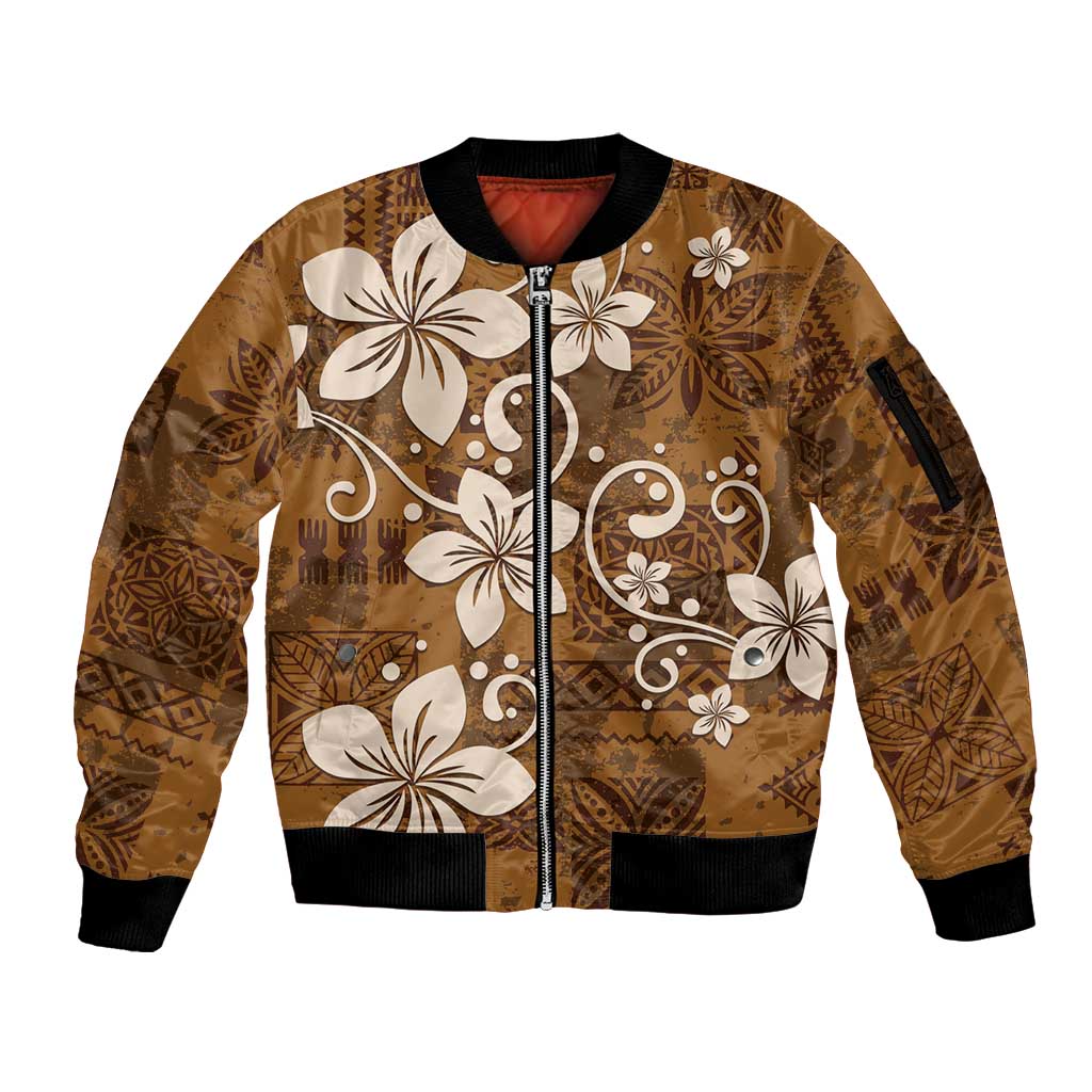 Plumeria Floral Tapa Pattern Vintage Gold Sleeve Zip Bomber Jacket LT01 Unisex Gold - Polynesian Pride