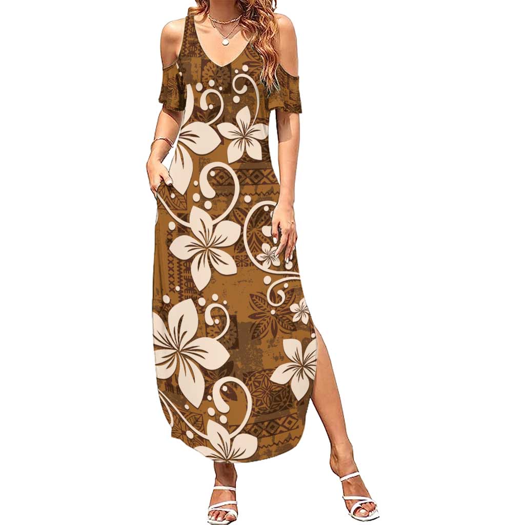 Plumeria Floral Tapa Pattern Vintage Gold Summer Maxi Dress LT01 Women Gold - Polynesian Pride