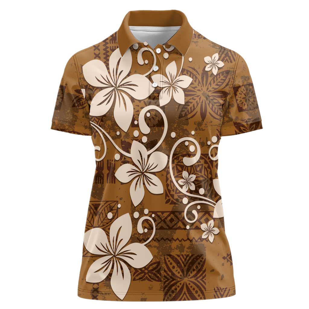 Plumeria Floral Tapa Pattern Vintage Gold Women Polo Shirt LT01 Female Gold - Polynesian Pride
