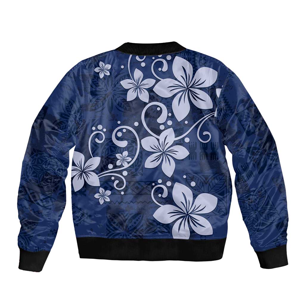 Plumeria Floral Tapa Pattern Navy Blue Bomber Jacket LT01 - Polynesian Pride