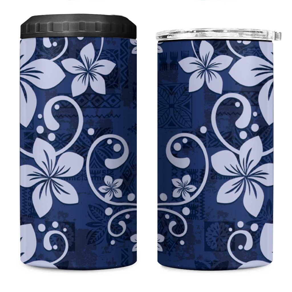 Plumeria Floral Tapa Pattern Navy Blue 4 in 1 Can Cooler Tumbler LT01 One Size: 16 oz Blue - Polynesian Pride