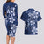 Plumeria Floral Tapa Pattern Navy Blue Couples Matching Long Sleeve Bodycon Dress and Hawaiian Shirt