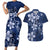 Plumeria Floral Tapa Pattern Navy Blue Couples Matching Short Sleeve Bodycon Dress and Hawaiian Shirt