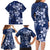 Plumeria Floral Tapa Pattern Navy Blue Family Matching Long Sleeve Bodycon Dress and Hawaiian Shirt