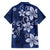 Plumeria Floral Tapa Pattern Navy Blue Family Matching Long Sleeve Bodycon Dress and Hawaiian Shirt