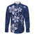 Plumeria Floral Tapa Pattern Navy Blue Family Matching Long Sleeve Bodycon Dress and Hawaiian Shirt