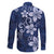 Plumeria Floral Tapa Pattern Navy Blue Family Matching Long Sleeve Bodycon Dress and Hawaiian Shirt