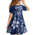 Plumeria Floral Tapa Pattern Navy Blue Family Matching Off The Shoulder Long Sleeve Dress and Hawaiian Shirt