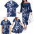 Plumeria Floral Tapa Pattern Navy Blue Family Matching Off The Shoulder Long Sleeve Dress and Hawaiian Shirt