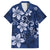 Plumeria Floral Tapa Pattern Navy Blue Family Matching Off The Shoulder Long Sleeve Dress and Hawaiian Shirt