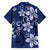 Plumeria Floral Tapa Pattern Navy Blue Family Matching Off The Shoulder Long Sleeve Dress and Hawaiian Shirt