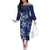 Plumeria Floral Tapa Pattern Navy Blue Family Matching Off The Shoulder Long Sleeve Dress and Hawaiian Shirt