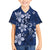 Plumeria Floral Tapa Pattern Navy Blue Family Matching Off The Shoulder Long Sleeve Dress and Hawaiian Shirt