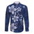 Plumeria Floral Tapa Pattern Navy Blue Family Matching Off Shoulder Short Dress and Hawaiian Shirt