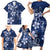 Plumeria Floral Tapa Pattern Navy Blue Family Matching Short Sleeve Bodycon Dress and Hawaiian Shirt