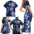 Plumeria Floral Tapa Pattern Navy Blue Family Matching Short Sleeve Bodycon Dress and Hawaiian Shirt