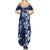 Plumeria Floral Tapa Pattern Navy Blue Family Matching Summer Maxi Dress and Hawaiian Shirt