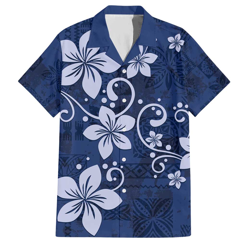 Plumeria Floral Tapa Pattern Navy Blue Hawaiian Shirt LT01 Blue - Polynesian Pride