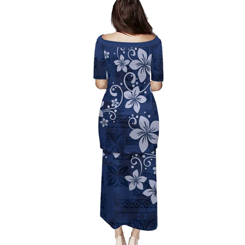 Plumeria Floral Tapa Pattern Navy Blue Puletasi LT01 - Polynesian Pride