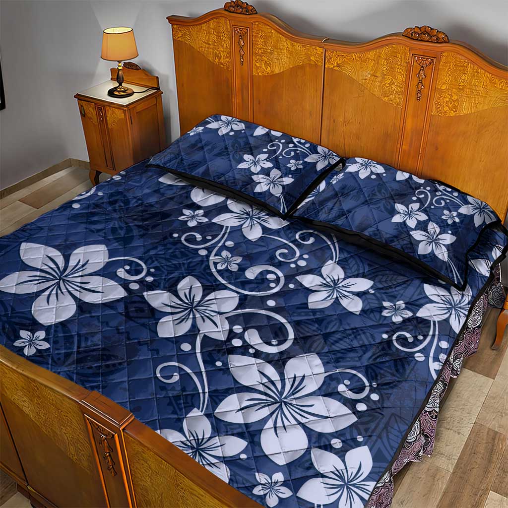 Plumeria Floral Tapa Pattern Navy Blue Quilt Bed Set LT01 - Polynesian Pride