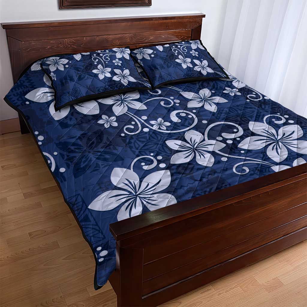 Plumeria Floral Tapa Pattern Navy Blue Quilt Bed Set LT01 - Polynesian Pride