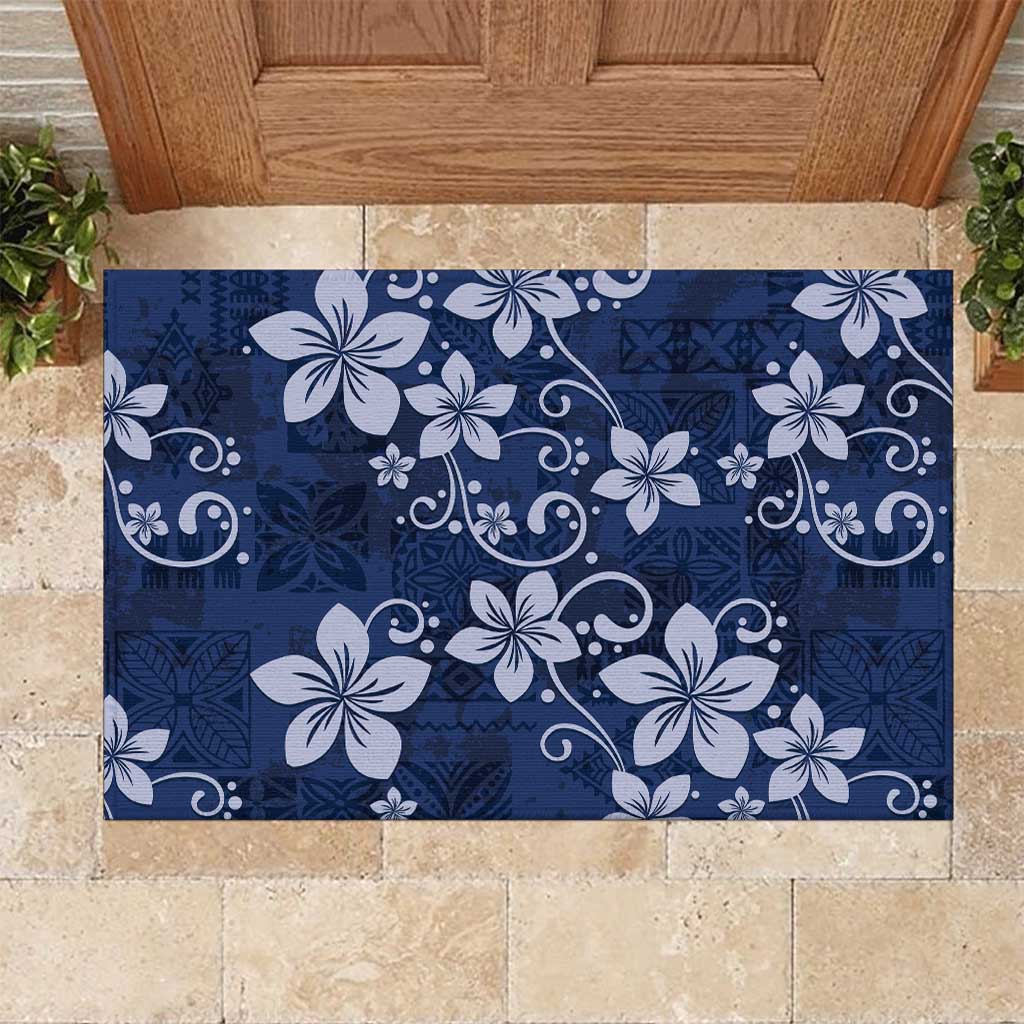 Plumeria Floral Tapa Pattern Navy Blue Rubber Doormat LT01 Blue - Polynesian Pride
