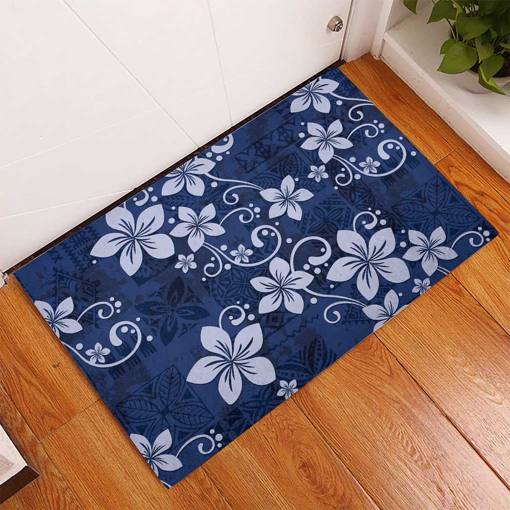 Plumeria Floral Tapa Pattern Navy Blue Rubber Doormat LT01 - Polynesian Pride
