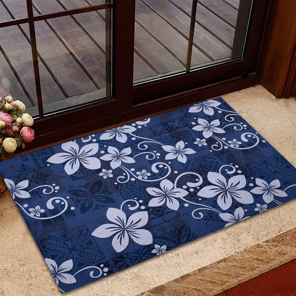 Plumeria Floral Tapa Pattern Navy Blue Rubber Doormat LT01 - Polynesian Pride