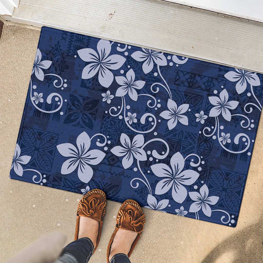 Plumeria Floral Tapa Pattern Navy Blue Rubber Doormat LT01 - Polynesian Pride