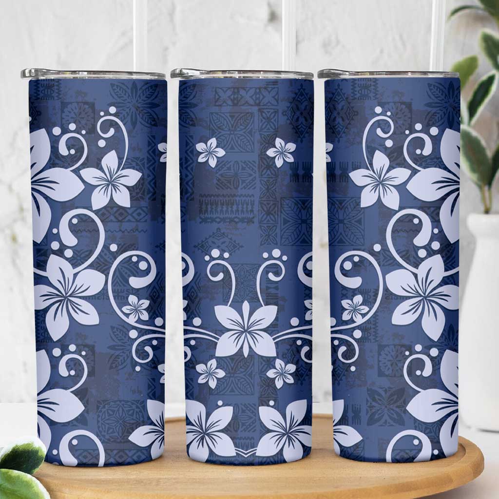 Plumeria Floral Tapa Pattern Navy Blue Skinny Tumbler LT01 - Polynesian Pride