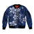 Plumeria Floral Tapa Pattern Navy Blue Sleeve Zip Bomber Jacket