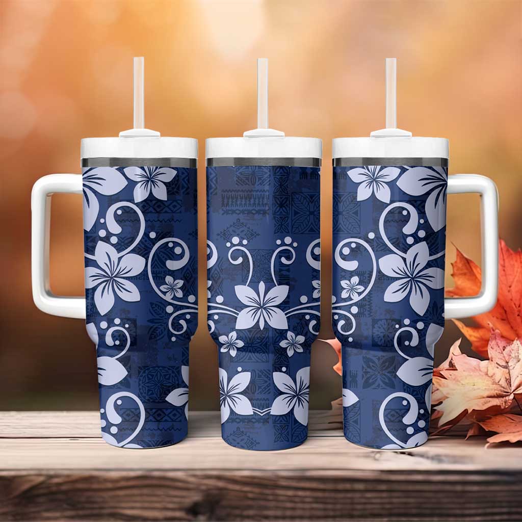 Plumeria Floral Tapa Pattern Navy Blue Tumbler With Handle LT01 - Polynesian Pride
