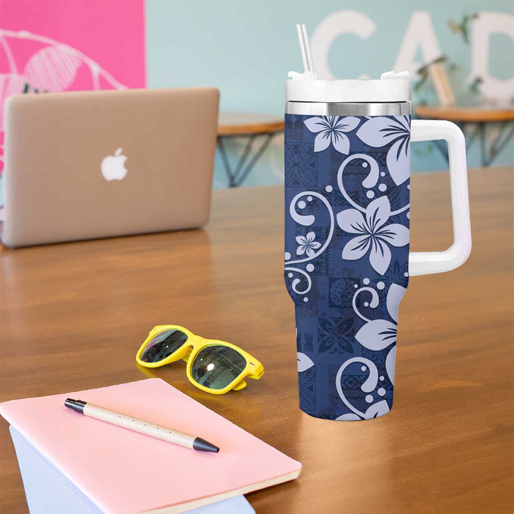 Plumeria Floral Tapa Pattern Navy Blue Tumbler With Handle LT01 - Polynesian Pride