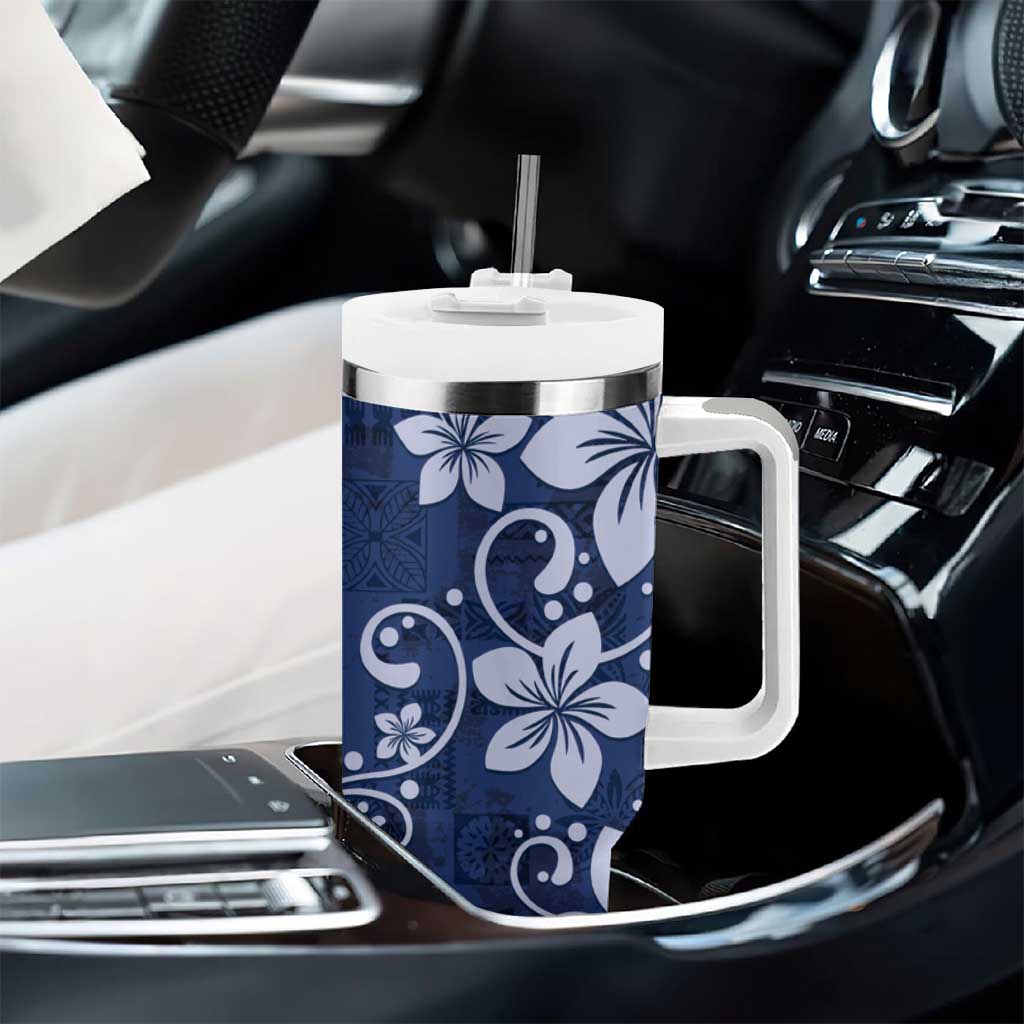 Plumeria Floral Tapa Pattern Navy Blue Tumbler With Handle LT01 - Polynesian Pride