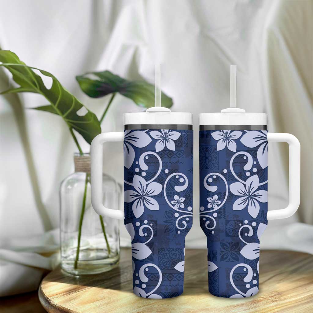 Plumeria Floral Tapa Pattern Navy Blue Tumbler With Handle LT01 - Polynesian Pride