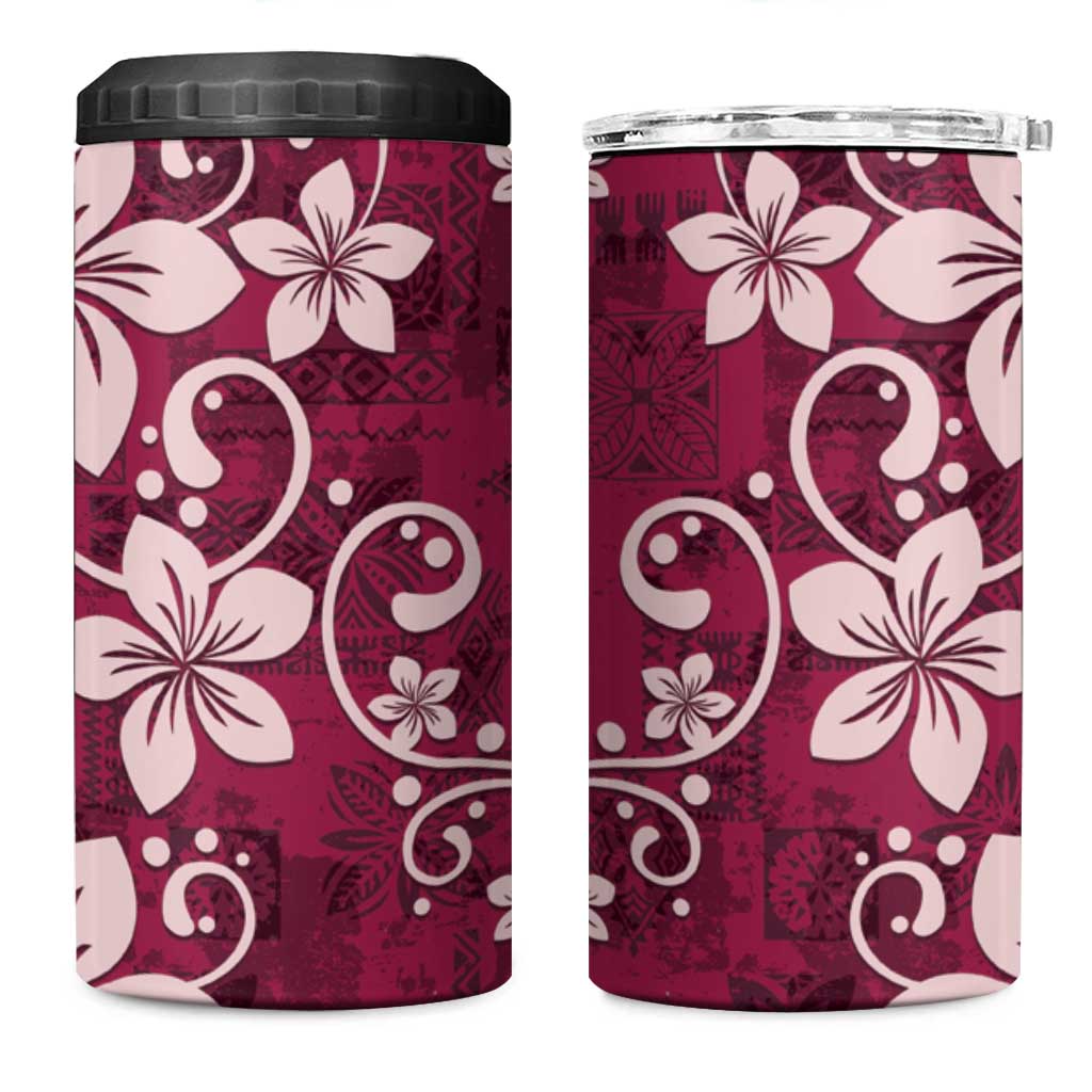 Plumeria Floral Tapa Pattern Ruby Pink 4 in 1 Can Cooler Tumbler LT01 One Size: 16 oz Pink - Polynesian Pride