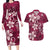 Plumeria Floral Tapa Pattern Ruby Pink Couples Matching Long Sleeve Bodycon Dress and Hawaiian Shirt