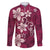 Plumeria Floral Tapa Pattern Ruby Pink Family Matching Off The Shoulder Long Sleeve Dress and Hawaiian Shirt