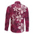 Plumeria Floral Tapa Pattern Ruby Pink Family Matching Off The Shoulder Long Sleeve Dress and Hawaiian Shirt