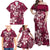 Plumeria Floral Tapa Pattern Ruby Pink Family Matching Off Shoulder Maxi Dress and Hawaiian Shirt