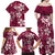 Plumeria Floral Tapa Pattern Ruby Pink Family Matching Off Shoulder Maxi Dress and Hawaiian Shirt