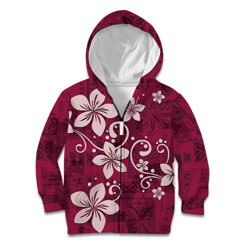 Plumeria Floral Tapa Pattern Ruby Pink Kid Hoodie LT01 Zip Hoodie Pink - Polynesian Pride