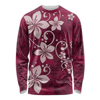 Plumeria Floral Tapa Pattern Ruby Pink Long Sleeve Shirt LT01 Unisex Pink - Polynesian Pride