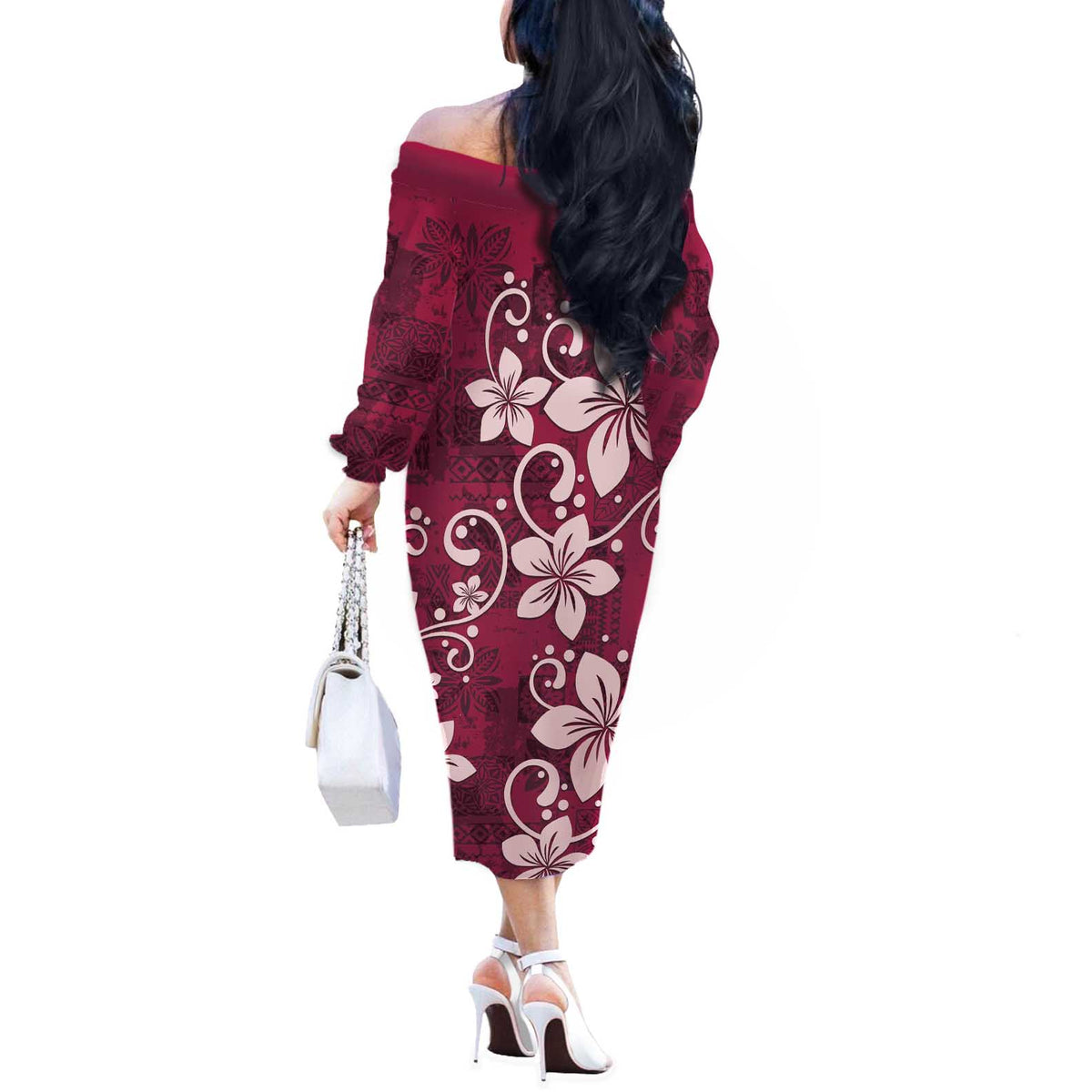 Plumeria Floral Tapa Pattern Ruby Pink Off The Shoulder Long Sleeve Dress LT01 - Polynesian Pride
