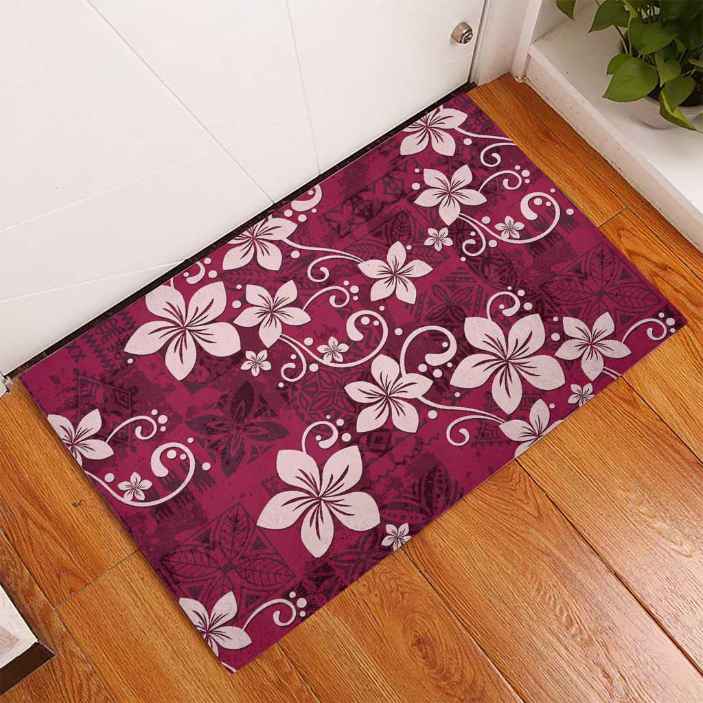 Plumeria Floral Tapa Pattern Ruby Pink Rubber Doormat LT01 - Polynesian Pride