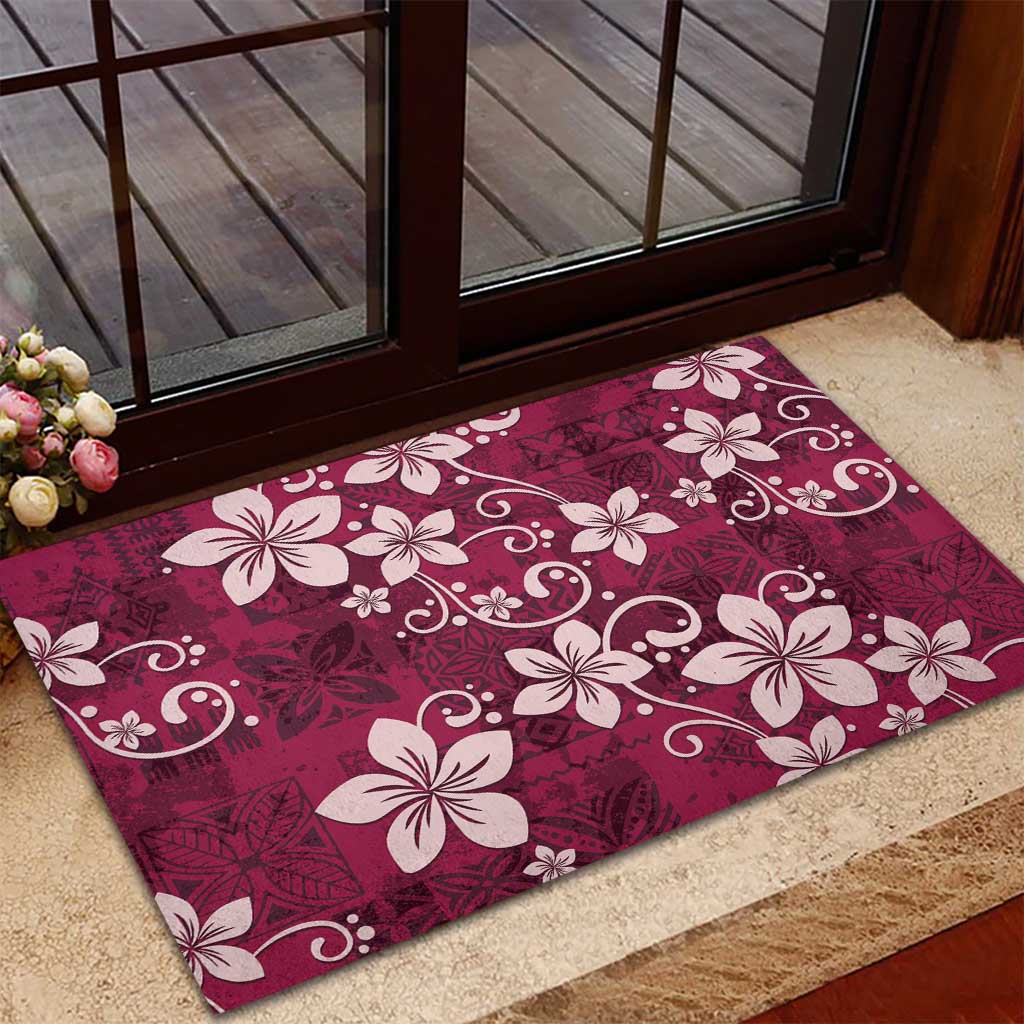 Plumeria Floral Tapa Pattern Ruby Pink Rubber Doormat LT01 - Polynesian Pride