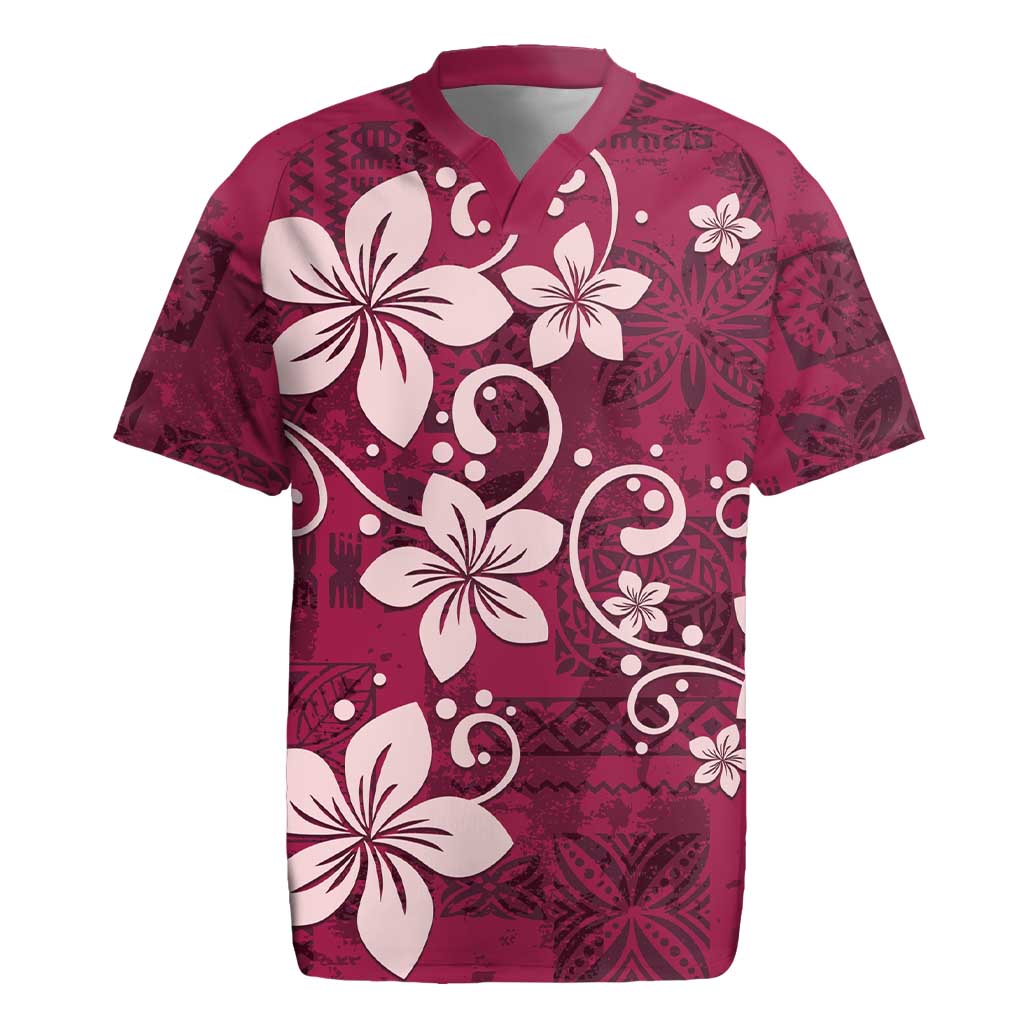 Plumeria Floral Tapa Pattern Ruby Pink Rugby Jersey LT01 Pink - Polynesian Pride