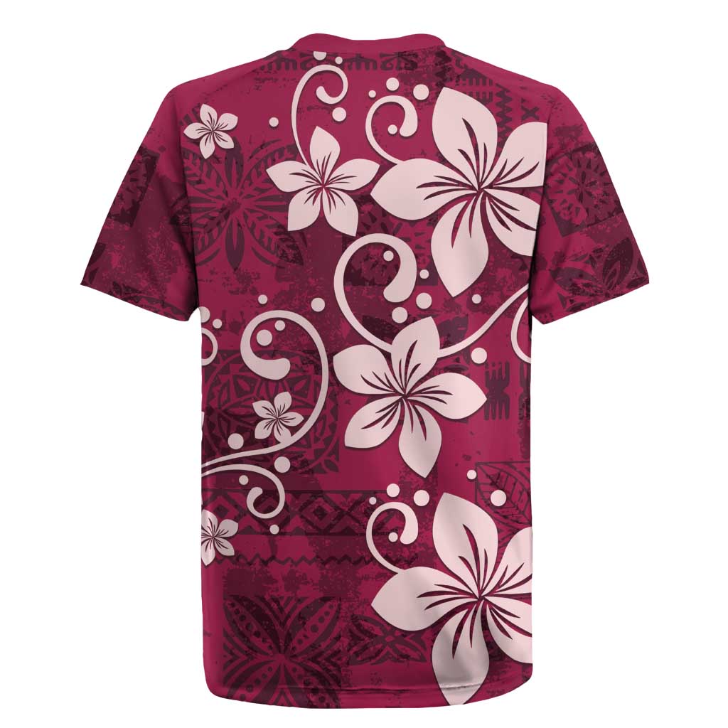 Plumeria Floral Tapa Pattern Ruby Pink Rugby Jersey LT01 - Polynesian Pride